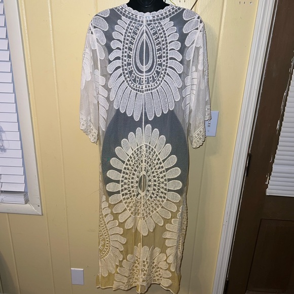 Rebellion Again White Yellow Sheer Lace Ombre Flowy Boho Kimono Duster Size L - Picture 9 of 11